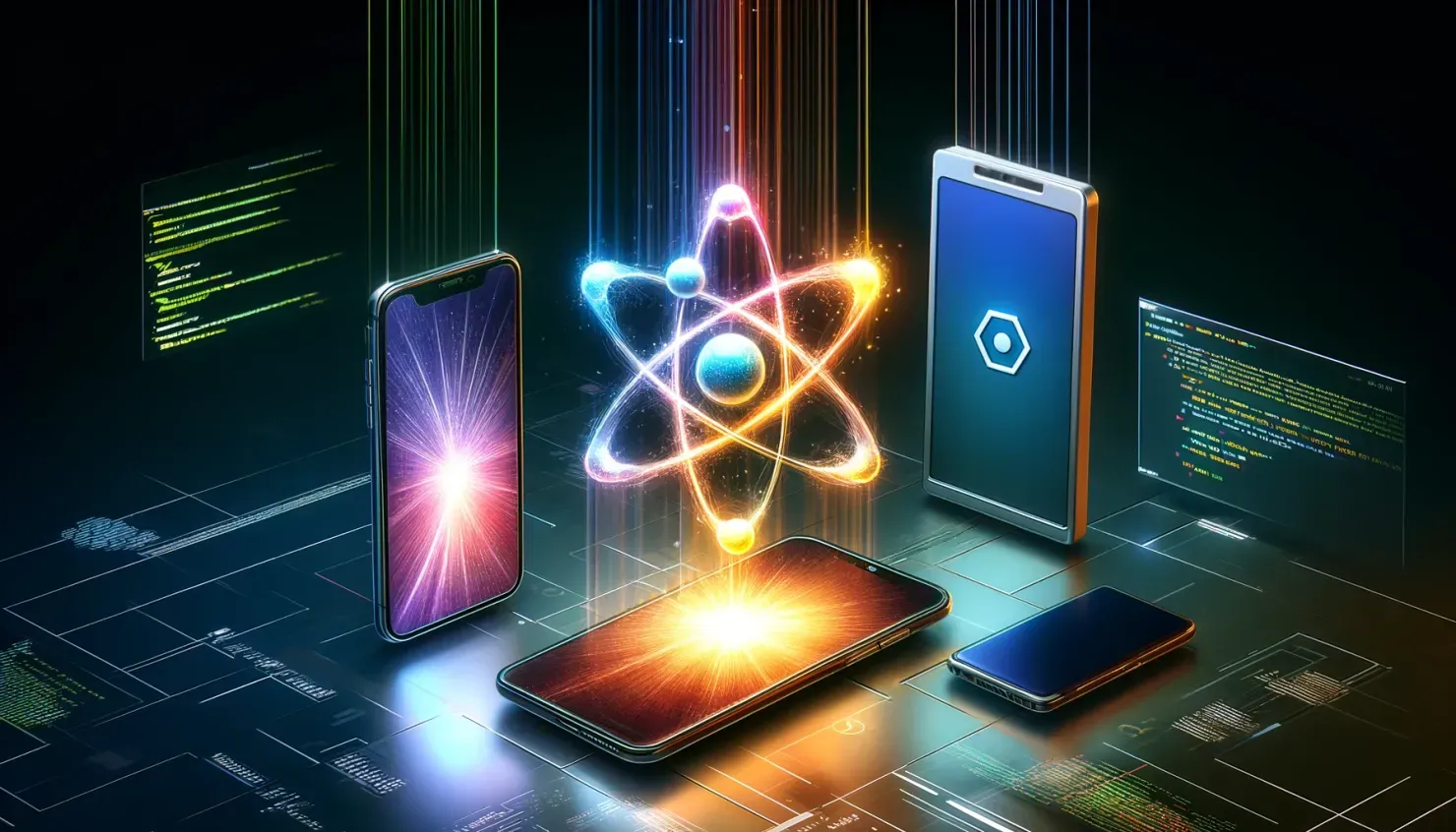 A React Logo with several devices in the background